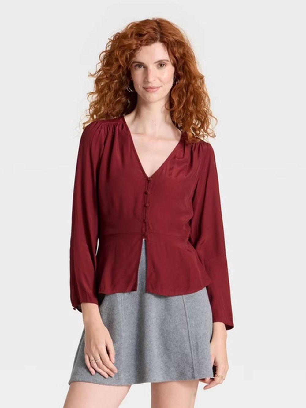 NWT A New Day Women's Long Sleeve Button-Front Top, M - Maroon